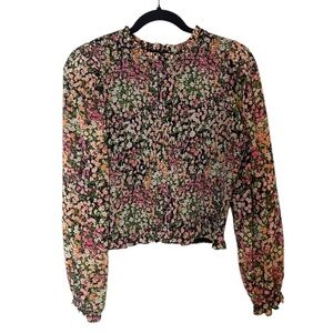 DEX Women's Floral Chiffon Smocked Long Sleeve Blouse-Size Medium